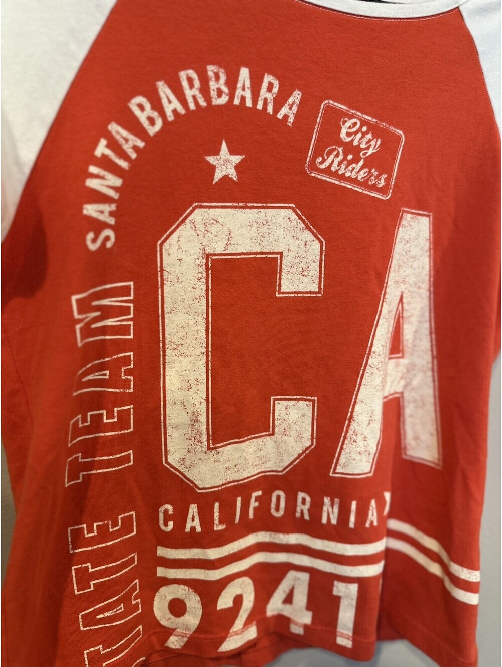 Anthro Pilcro Graphic T Shirt Women L Red White Raglan Stretch California Casual
